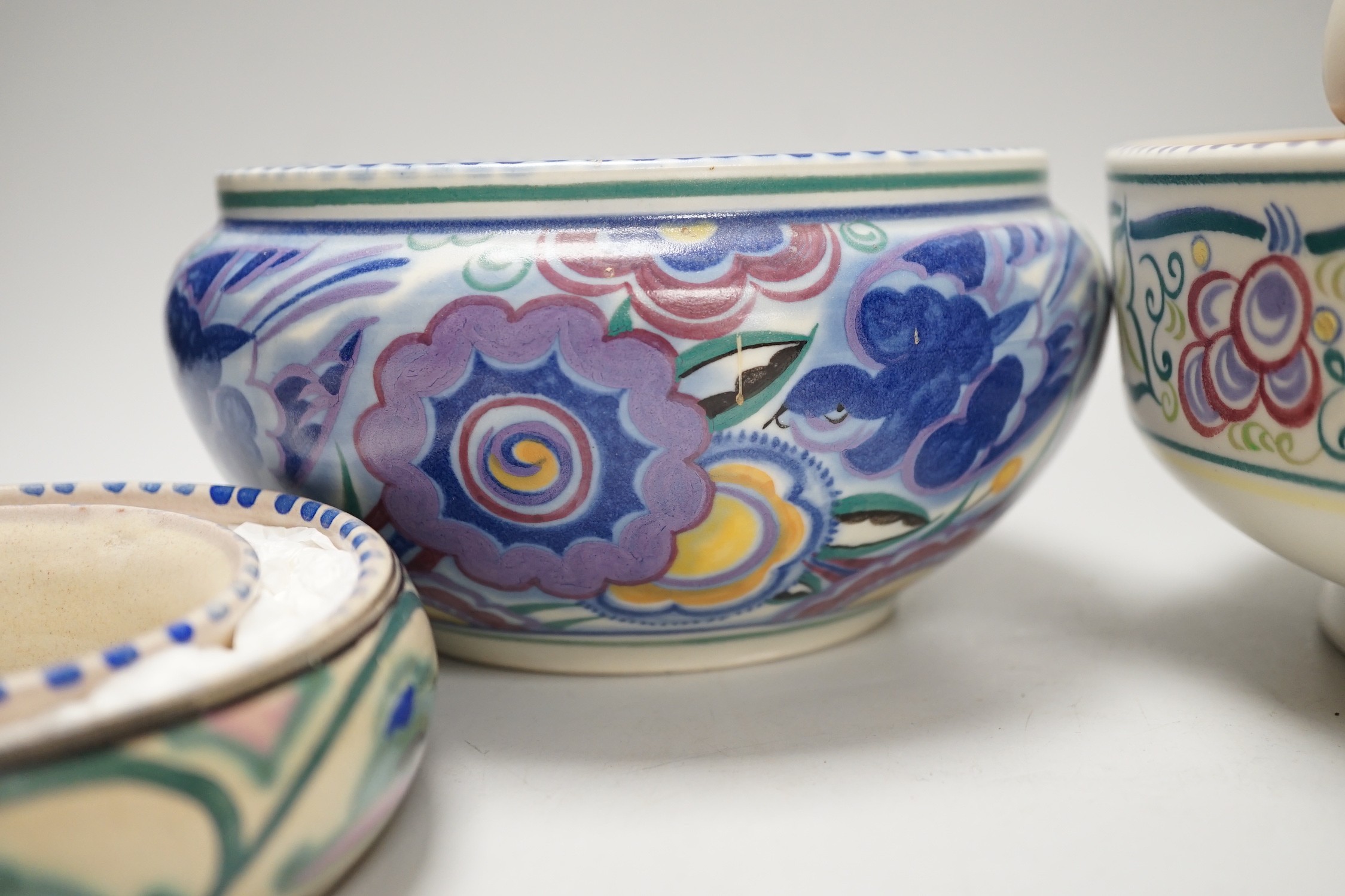 Five items of 1930's/40's Poole pottery, two Delphis plates and a boxed yellow poppy plate